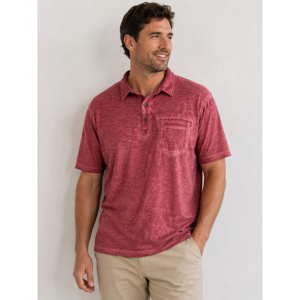 Rock & Republic Mens L Red Faded Wash Slub Cotton Polo Shirt Pocket Casual -3693